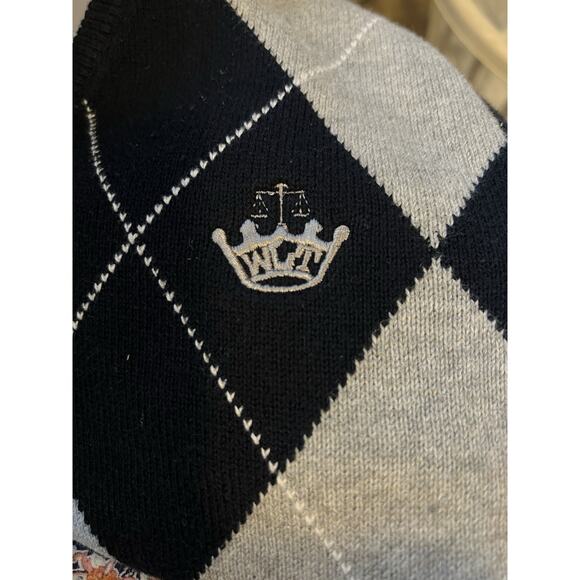 J Crew Argyle Sweater Vest Men Large Blue Crown Embroidery V Neck Cotton Preppy - Picture 6 of 10